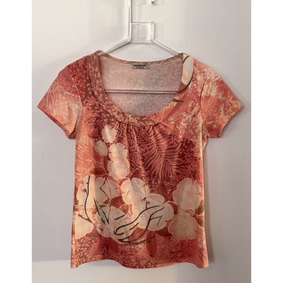 Oneworld Tops - Vintage Y2K Oneworld Peach Coral Floral Rhinestone Scoop Neck Top Women's Small